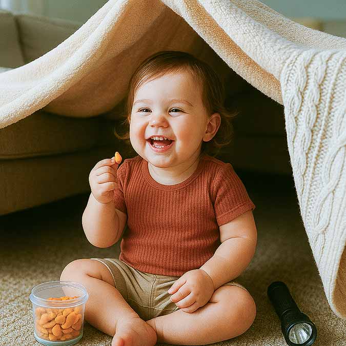 toddler under a blanket fort