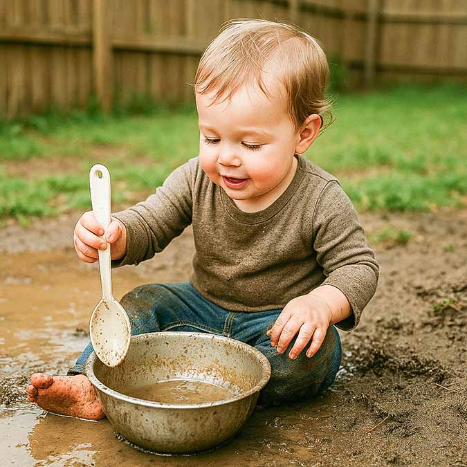 toddler playing in mud