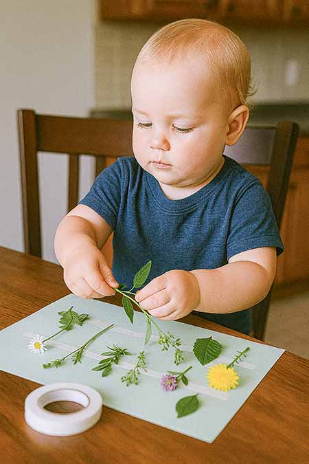 toddler attaching garden items to paper