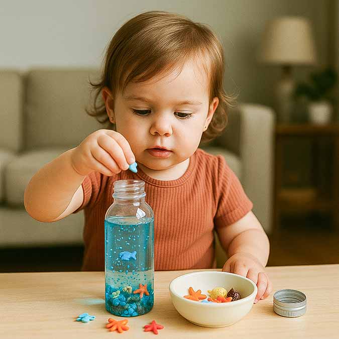 toddler putting items in a water bottle