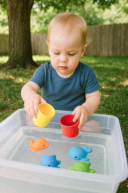 toddler playing with cups and water