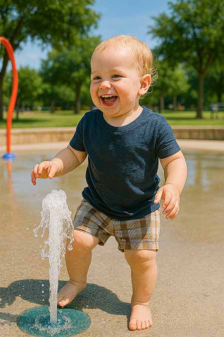 toddler at a splash pad