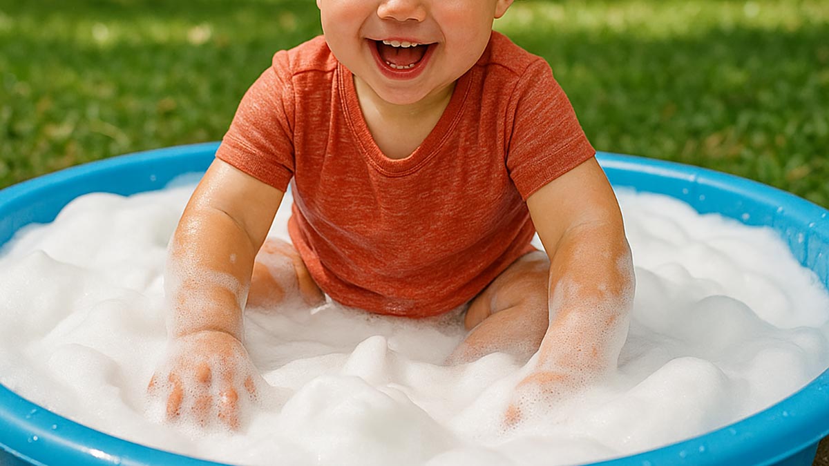 toddler in pool full of foam
