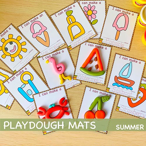various summer-themed play dough mats
