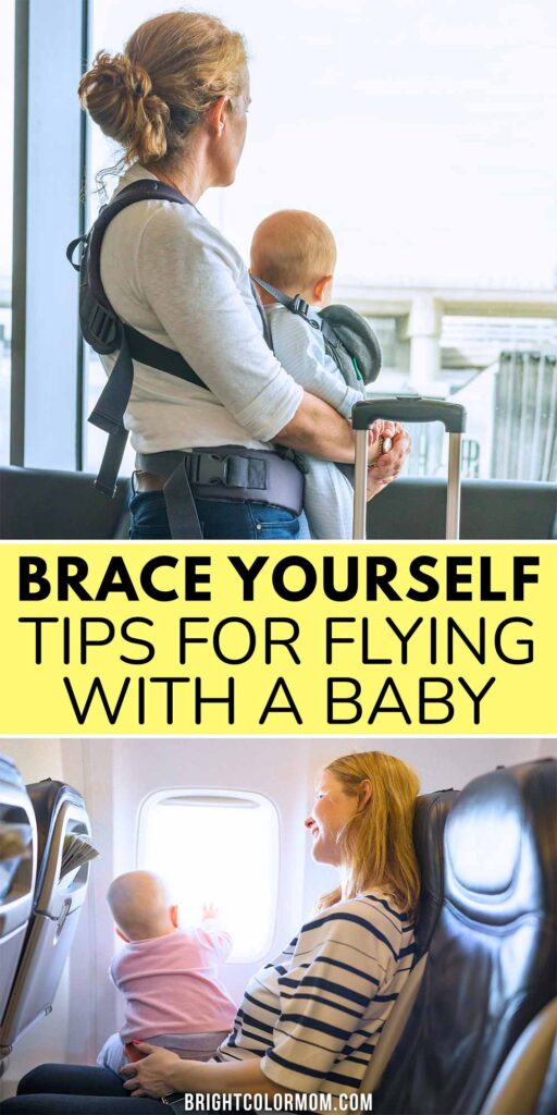 two photos of a mom flying with a baby