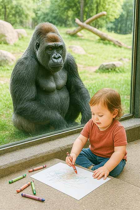 toddler scribbling on paper next to gorilla exhibit
