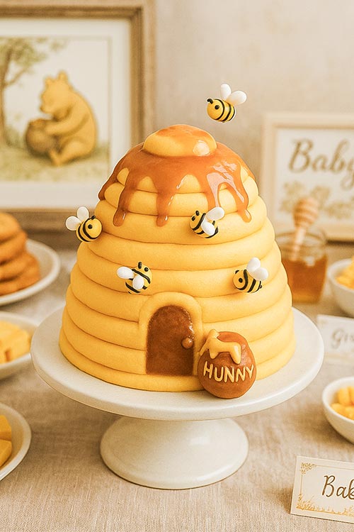 a cake resembling a beehive with Pooh-style Hunny pot