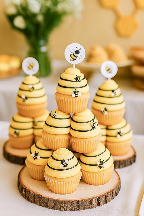 stacks of beehive cupcakes on wood slice platters