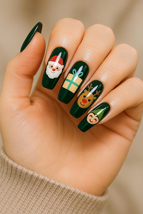 long coffin Christmas nails with dark green polish
