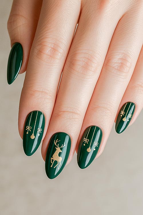 medium almond Christmas nails with dark green polish