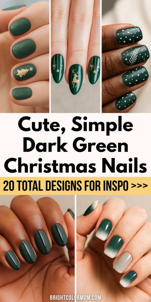 collage of various dark green Christmas nails designs