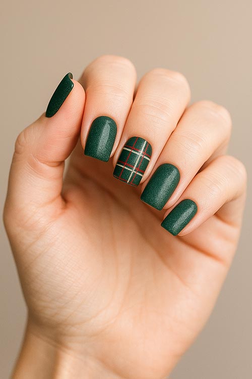 square Christmas nails with dark green glitter polish