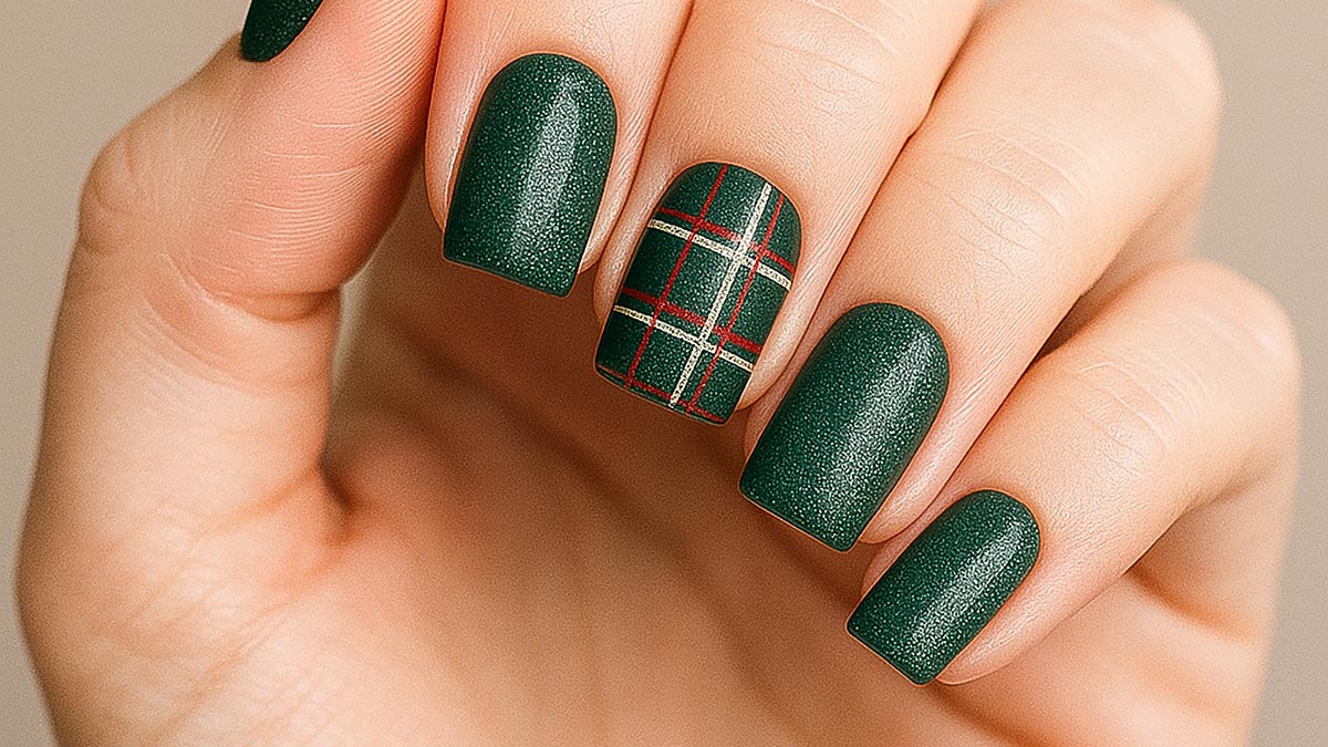 square Christmas nails with dark green glitter polish