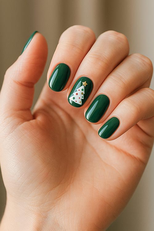 rounded Christmas nails with dark green polish