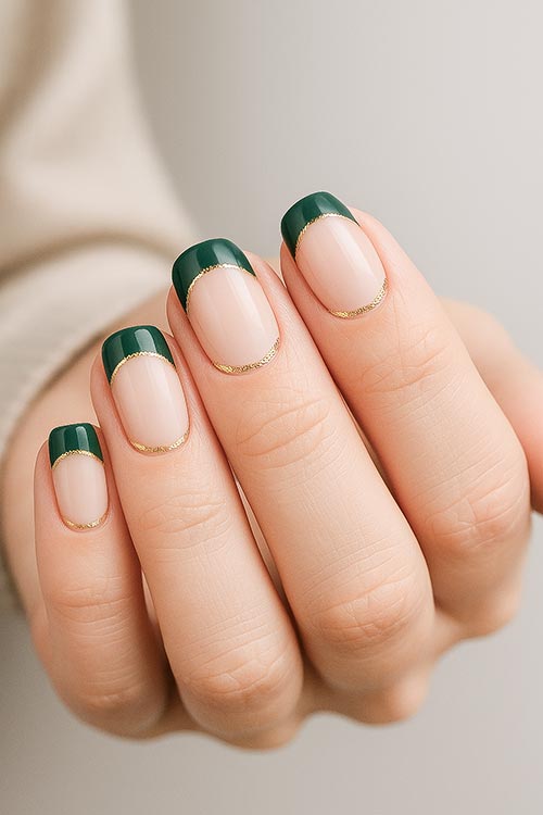 medium squoval Christmas nails with dark green tips