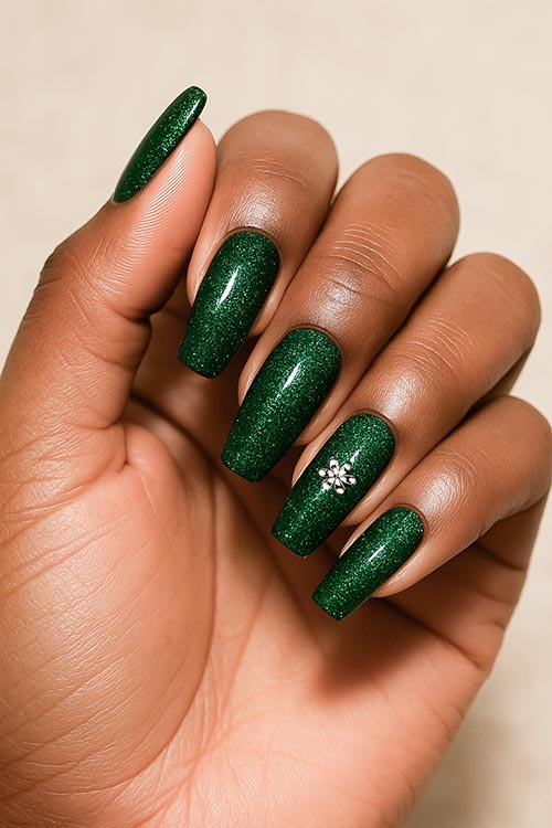 long coffin Christmas nails with dark green glitter polish