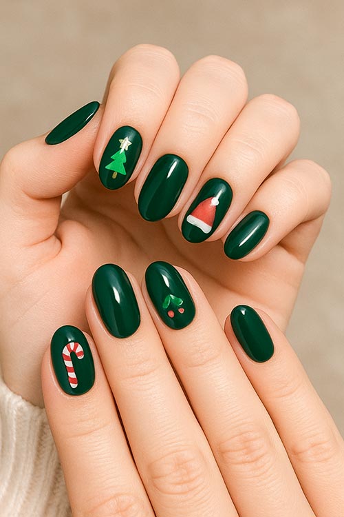 rounded Christmas nails with dark green polish