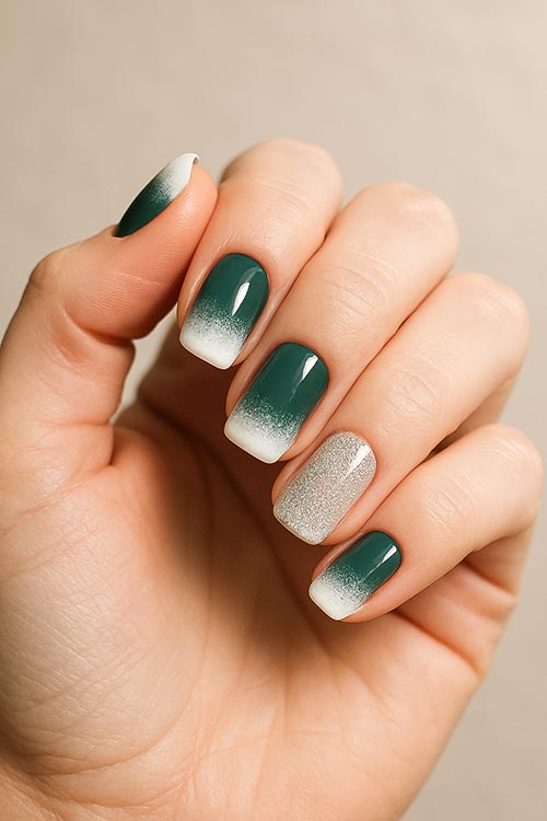 medium square Christmas nails with dark green ombre polish