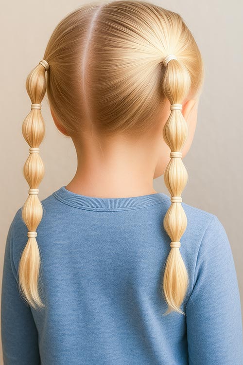 toddler girl with two bubble-style pigtails
