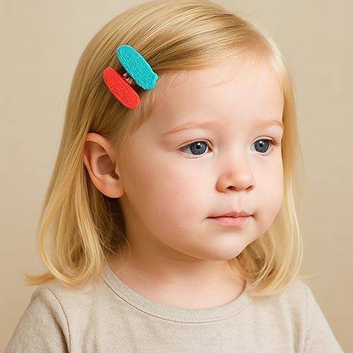 toddler girl wearing two fabric clips in hair