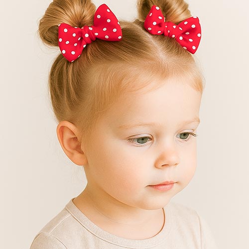 toddler girl with two knots of hair