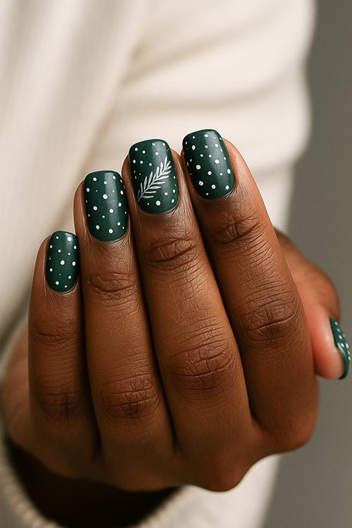 medium squoval Christmas nails with dark green polish