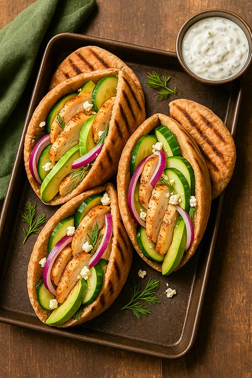 pitas stuffed with Greek chicken on a platter