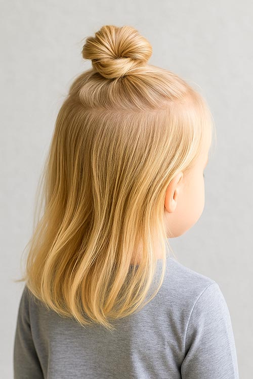 toddler girl with hair in a half knot