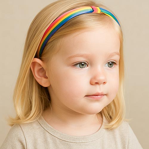 toddler girl wearing a rainbow headband