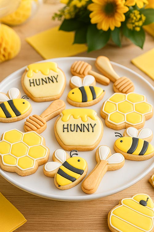 plate of honey bee-themed sugar cookies