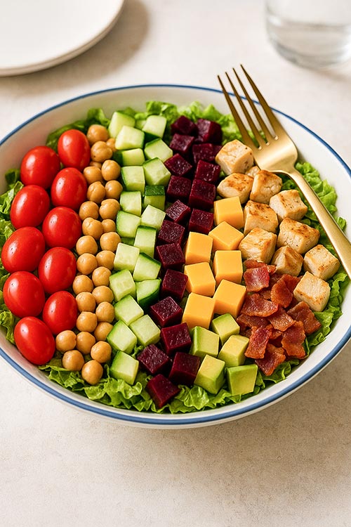 a chopped salad with all toppings in neat rows on top