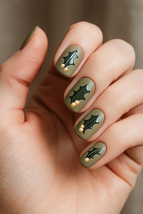 short natural Christmas nails with olive green polish