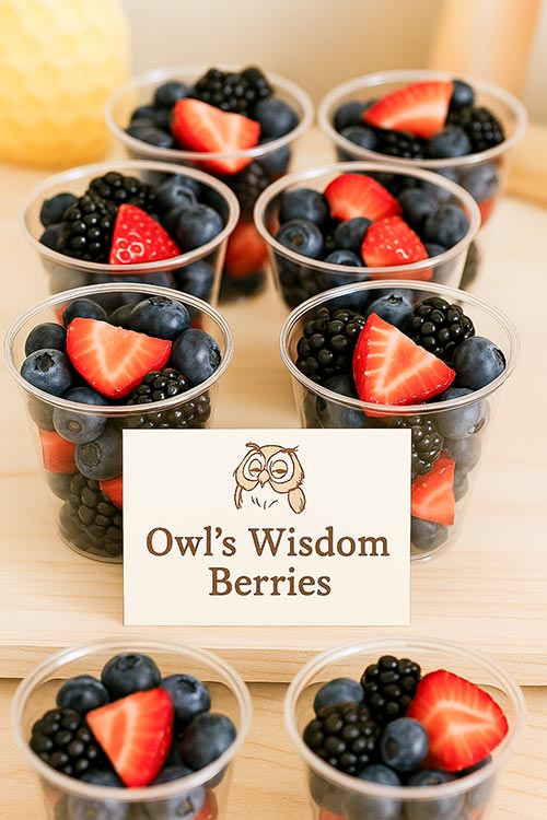 cups of berries labeled Owl's Wisdom Berries
