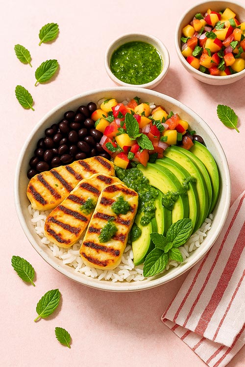a bowl of peach salsa halloumi
