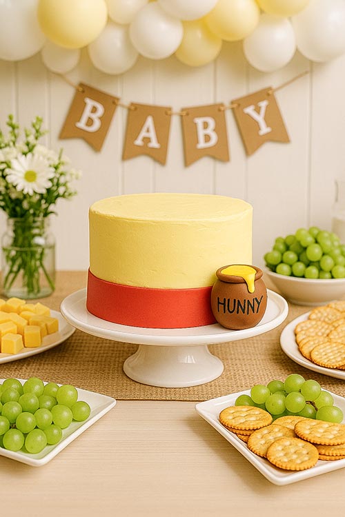 subtle Disney-style Winnie the Pooh baby shower cake