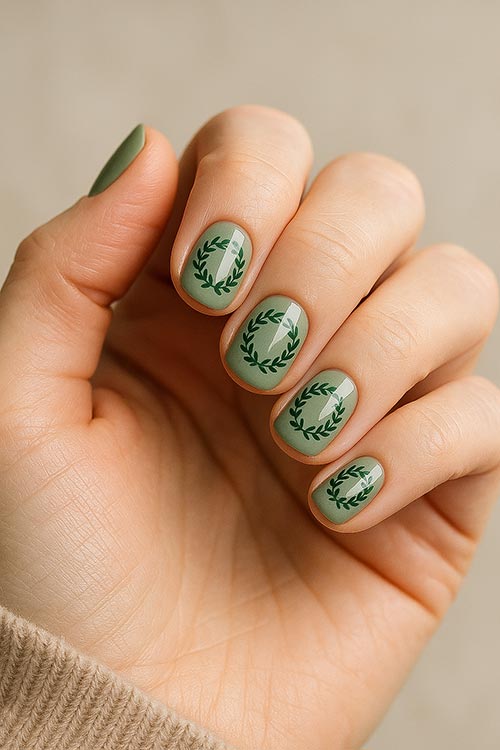 short natural Christmas nails with sage green polish