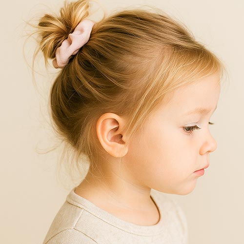 toddler girl with hair in a scrunchie