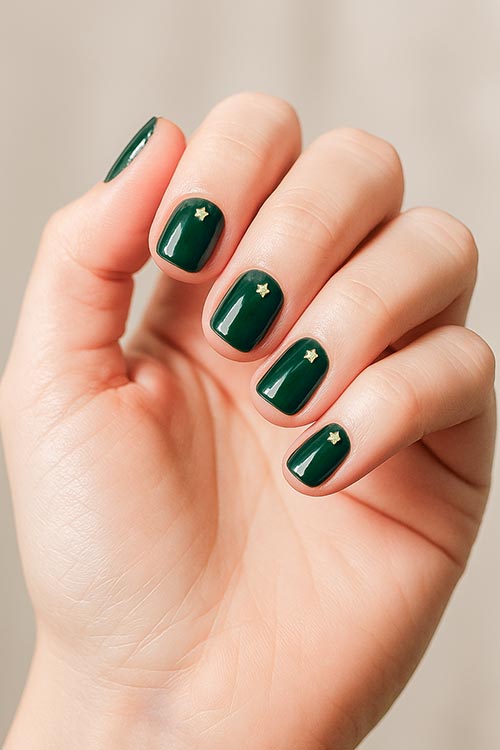short natural Christmas nails with dark green polish