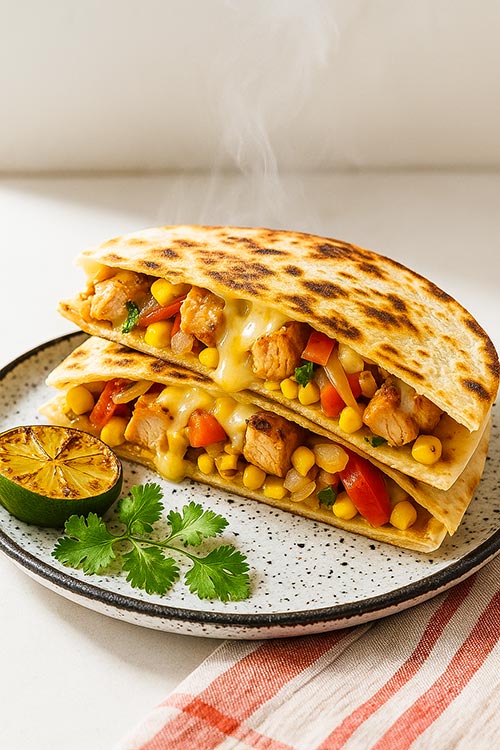 a plate of smoky chicken veggie quesadillas