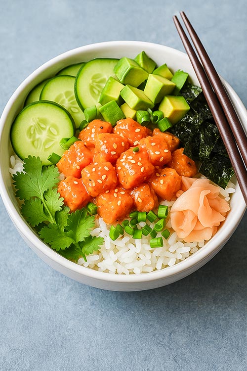 a poke bowl featuring spicy salmon