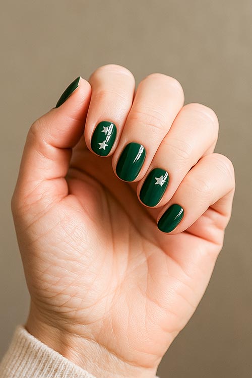 short natural Christmas nails with dark green polish