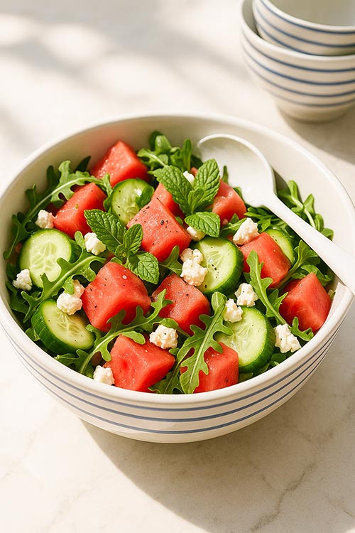 bowl of watermelon cucumber salad
