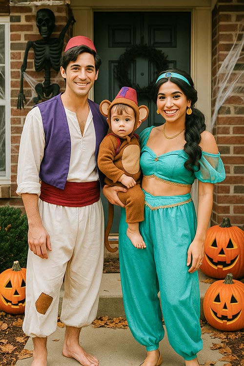 family of three dressed as Aladdin characters