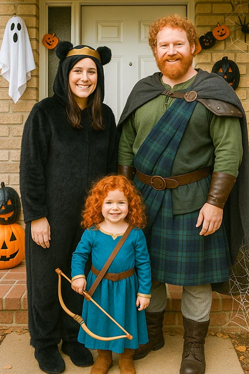 family of three dressed as Disney's Brave characters