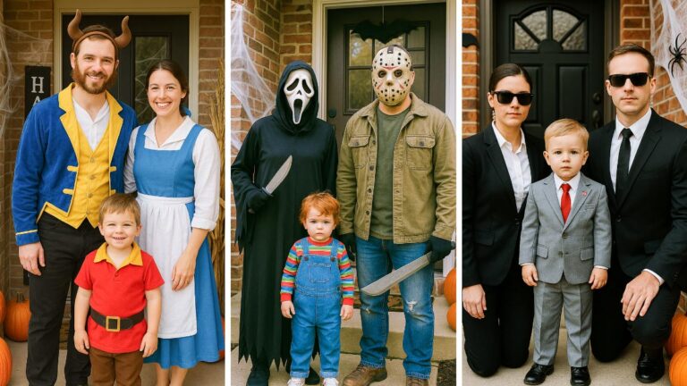 collage of three families dressed in matching Halloween costumes