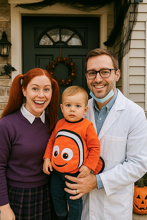 family of three dressed as Finding Nemo characters
