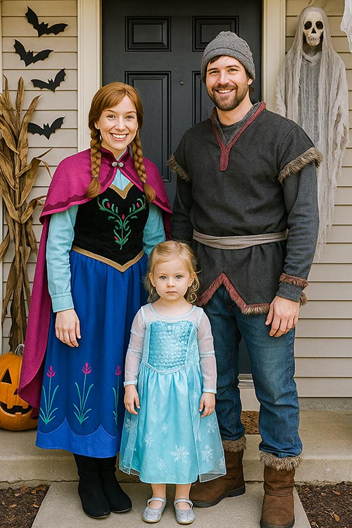 family of three dressed as Frozen characters