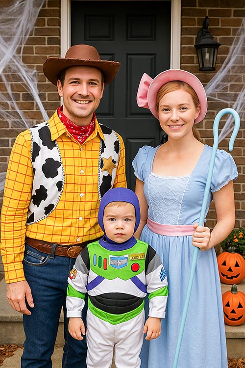 family of three dressed as Toy Story characters