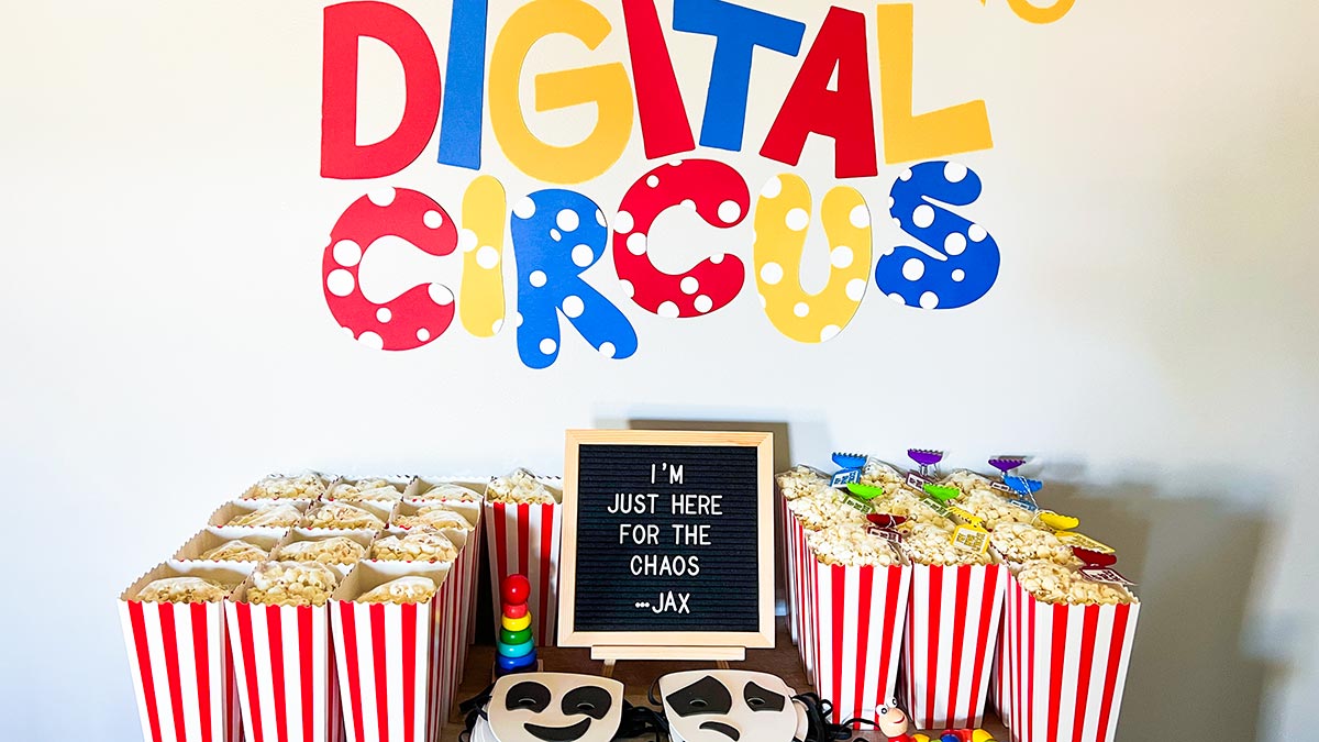 DIY Digital Circus logo and table of party favors