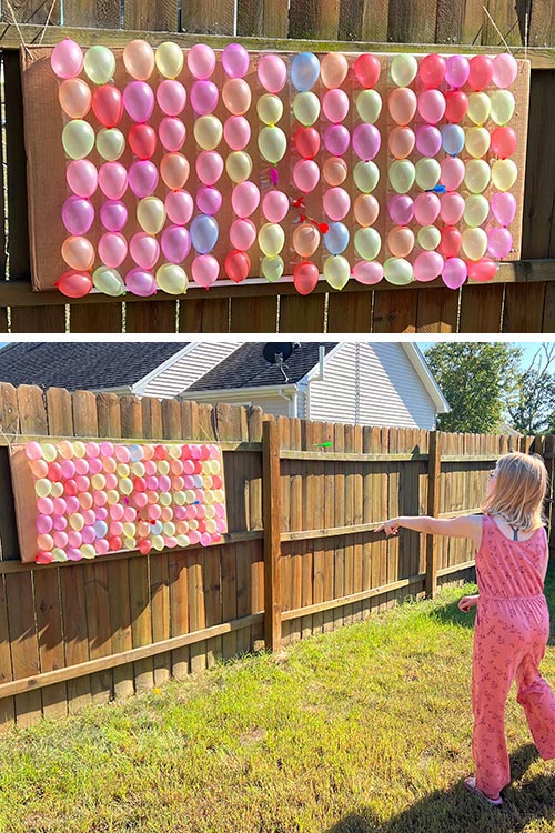 split image showing DIY balloon darts game and a girl throwing a dart at it